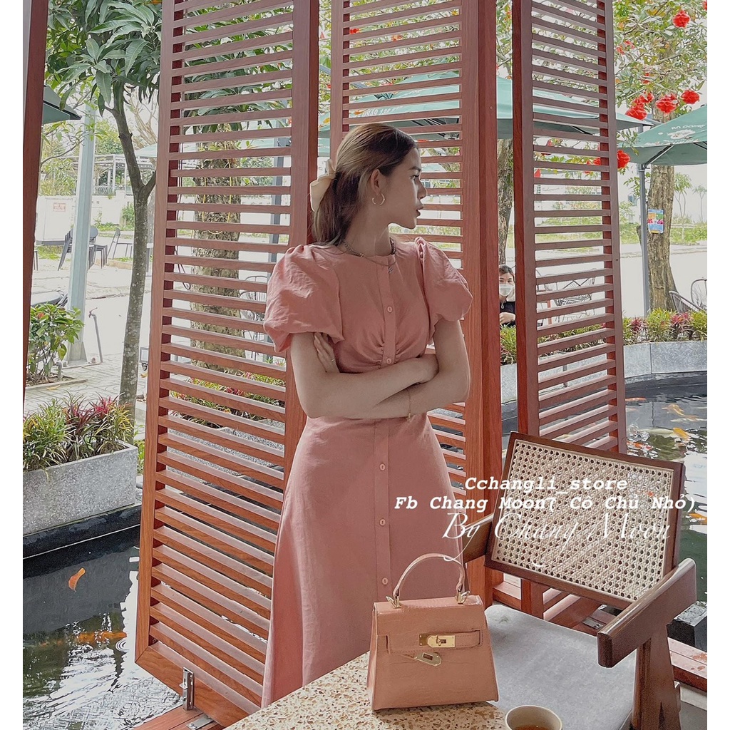 ĐẦM MIDI HỒNG  CỔ TRÒN NHÍU NGỰC TAY BỒNG