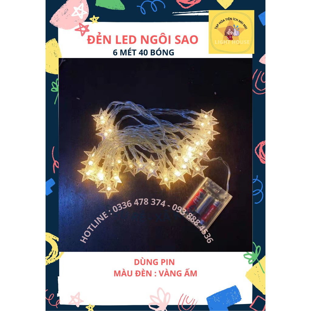 Dây Đèn Led ngôi sao dài 6 mét 40 bóng màu vàng nắng
