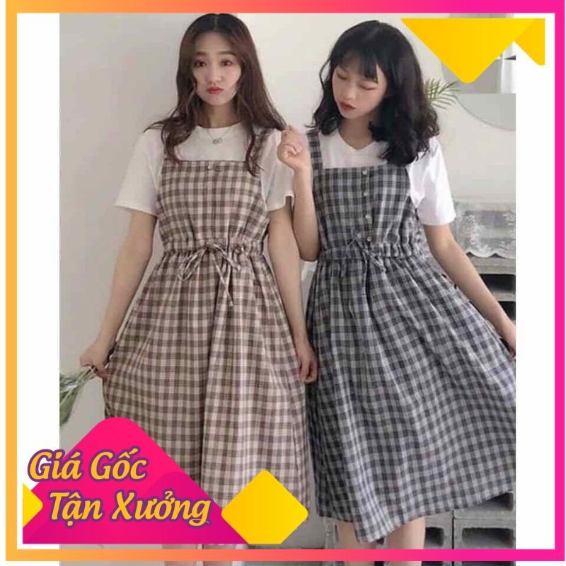 Váy yếm kẻ vuông 2 dây cột eo - Đầm suông rút eo caro dáng dài (Kèm áo)
