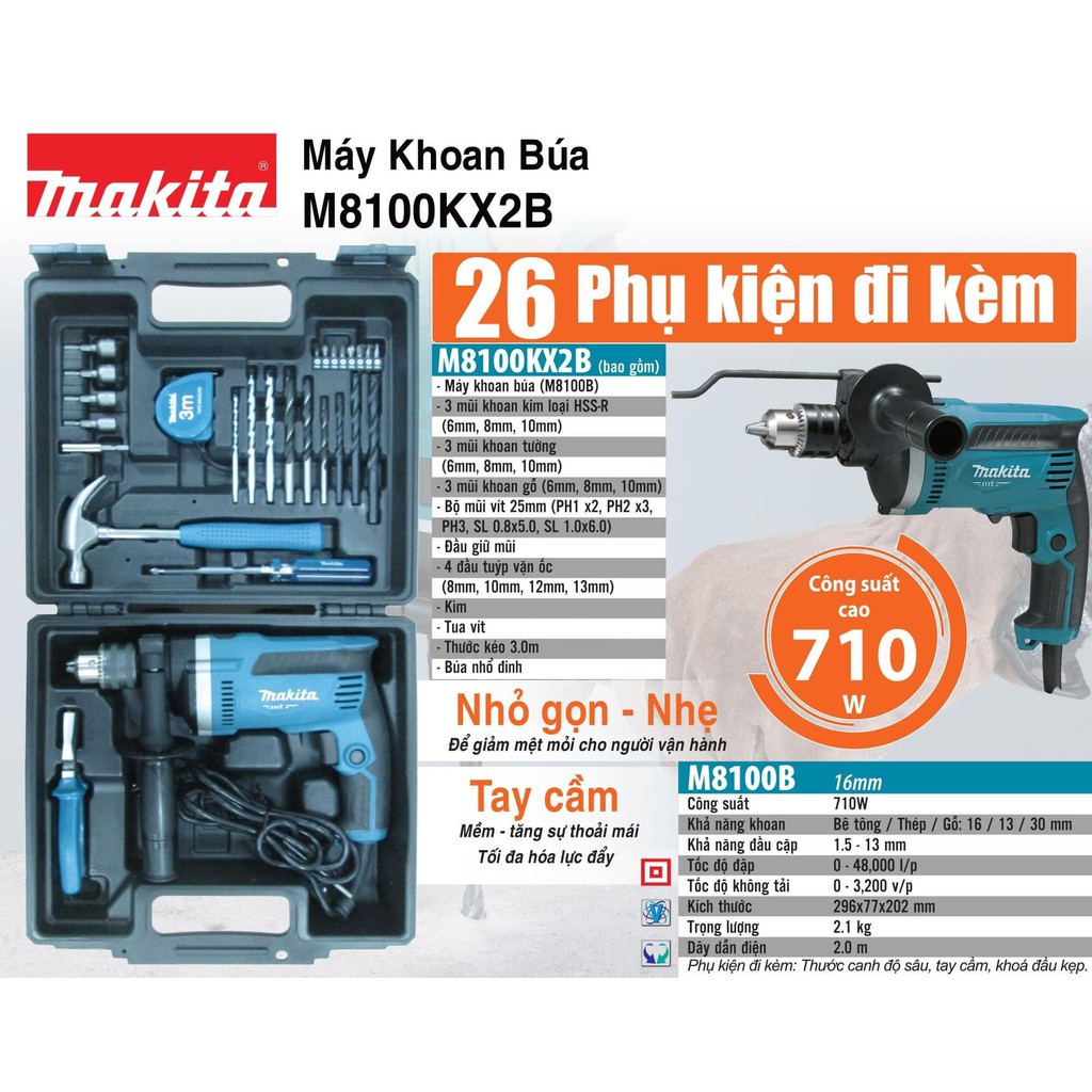 Máy Khoan búa Makita M8100KX2B (Kèm 26 phụ kiện)