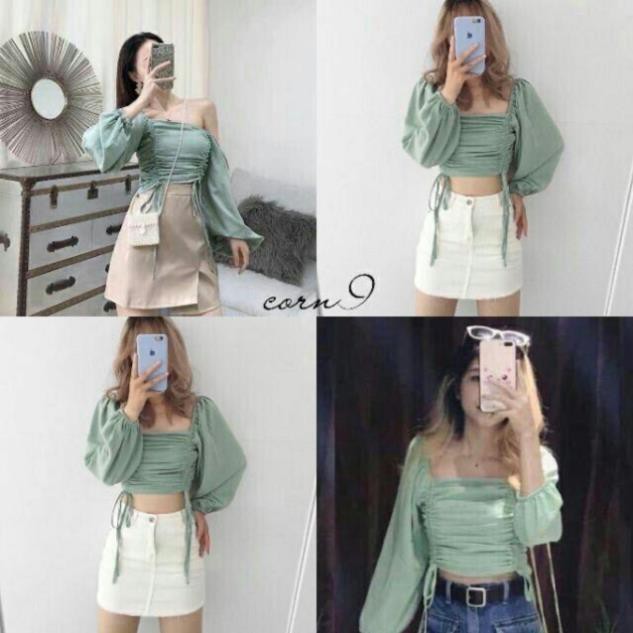 Áo Trễ Vai Rút Dây Tay Bồng Dài Cổ Vuông Bẹt Vai Croptop Kiểu Voan Kate Hở Vai Nữ Siêu Hot DRACR07 | BigBuy360 - bigbuy360.vn