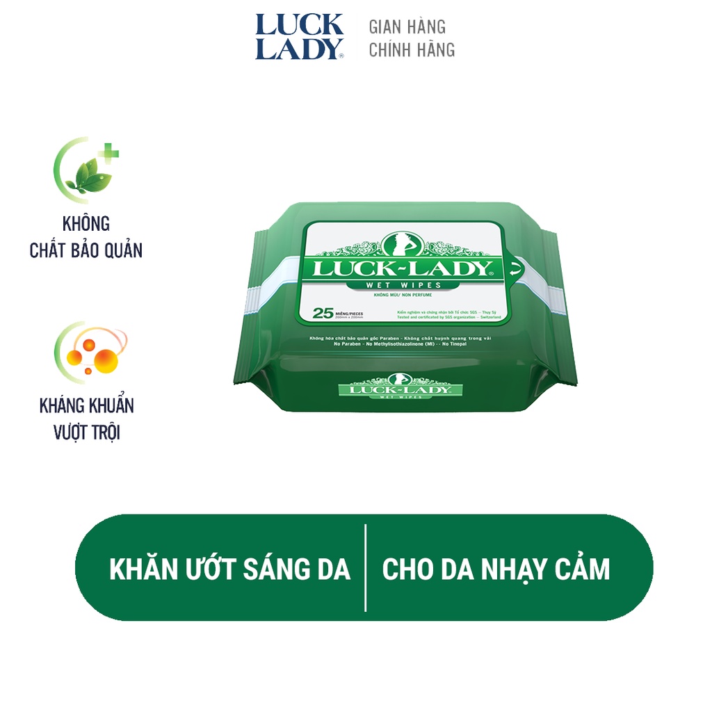 Khăn ướt cho da nhạy cảm Luck Lady Không Mùi 25 tờ/gói