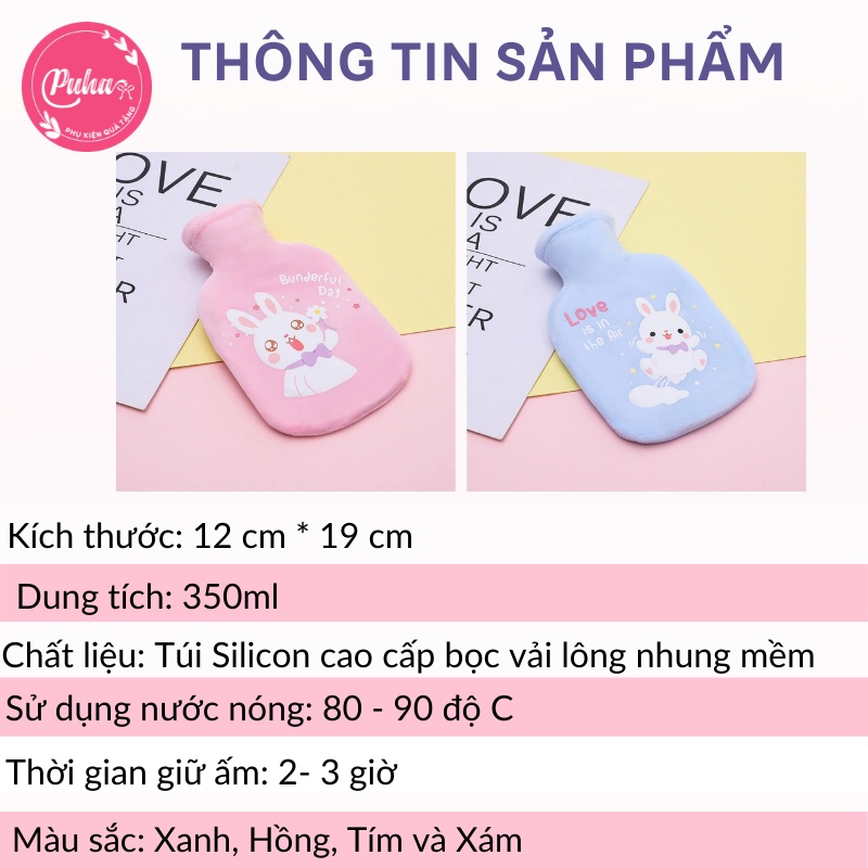 Túi chườm nóng lạnh PUHA 350ml, chườm ấm nóng giảm đau bụng kinh cho nữ, túi sưởi ấm giữ nhiệt đa năng