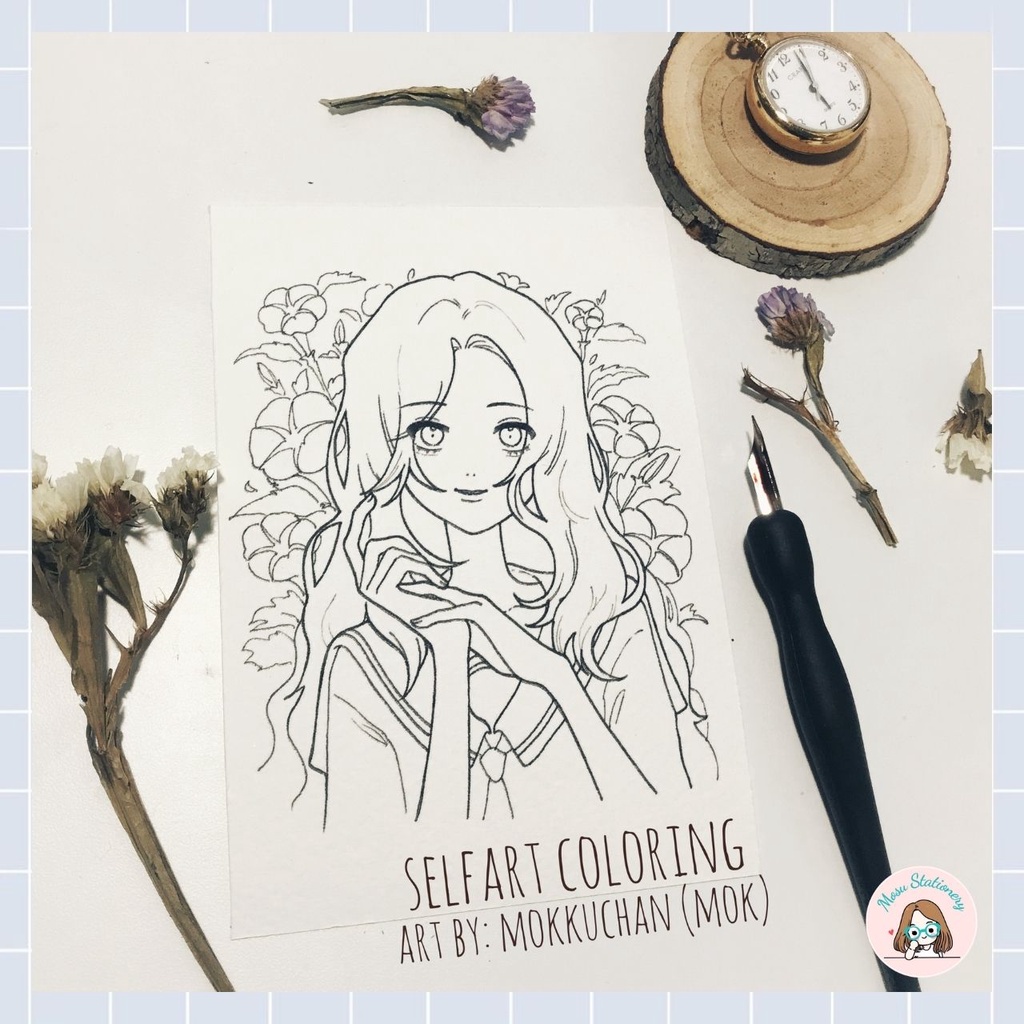 Tranh tô màu - "Girl with flower" của hoạ sĩ MOK, 3 tranh giấy coldpress 300gsm