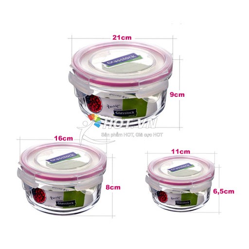 Bộ hộp thủy tinh tròn GLASSLOCK 3 món 405 + 950 + 2090ml GL156
