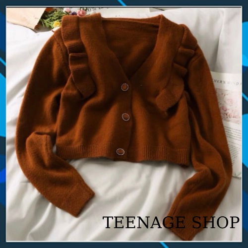 Áo len tay dài cardigan nữ cổ V croptop bèo vai ulzzang Hàn Quốc | BigBuy360 - bigbuy360.vn