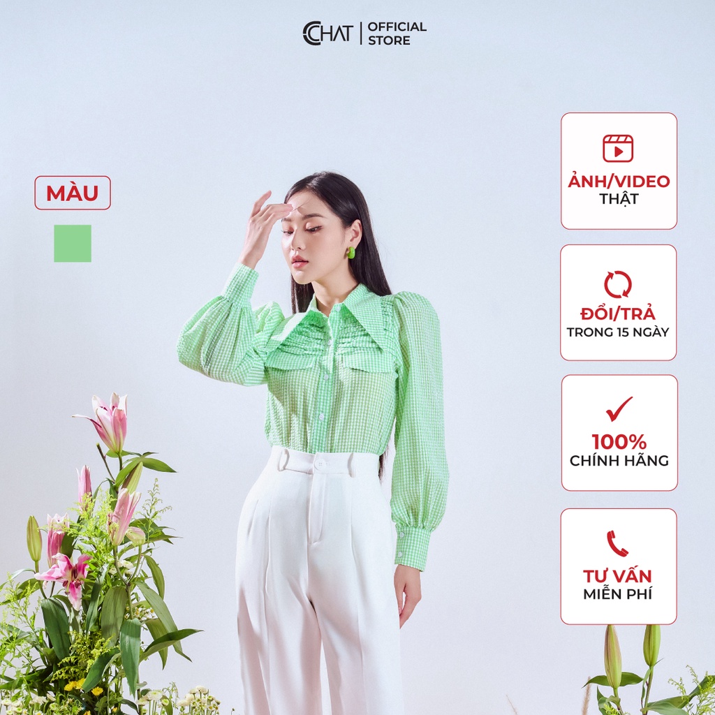 Áo Sơ Mi Nữ 𝐂𝐂𝐇𝐀𝐓 Tay Bồng Chỉ Chun Ngực Chất Thô Cao Cấp Phong Cách Trẻ Trung 22FDT5001ST