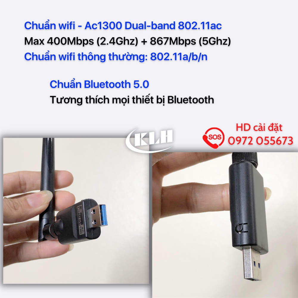 Usb thu wifi 5G Ac1300 2 băng tần, thiết bị bắt wi-fi và Bluetooth cho máy tính bàn, Laptop tốc độ cao 2.4Ghz và 5Ghz