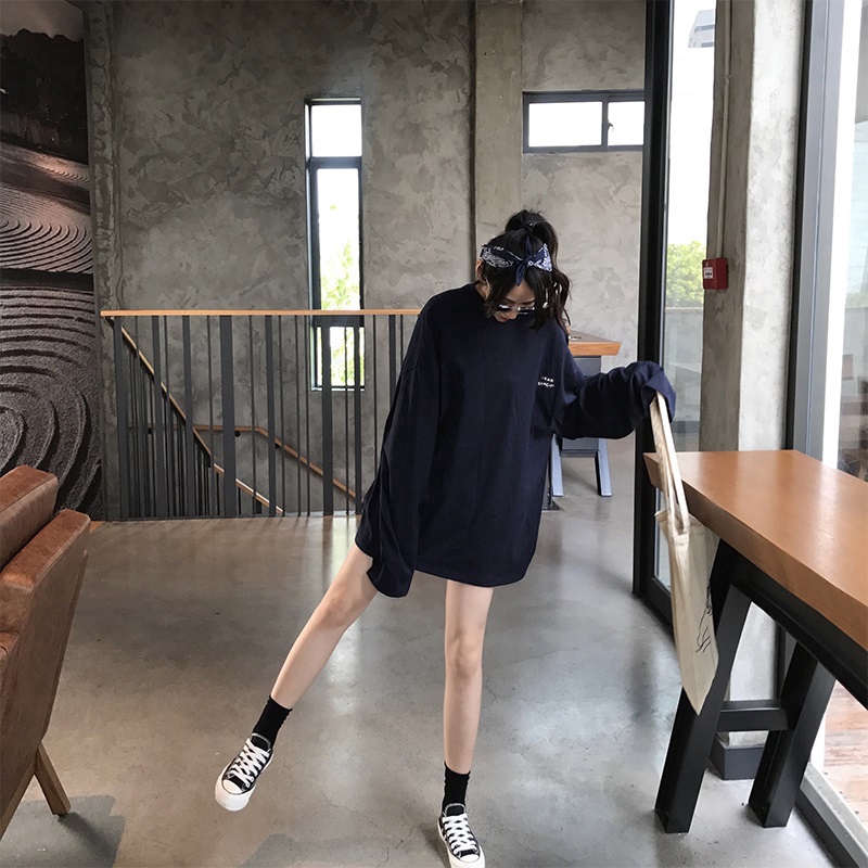 SUXI Áo Thun Nữ Tay Dài Dáng Rộng Có In Chữ Thời Trang Phong Cách Hàn Quốc