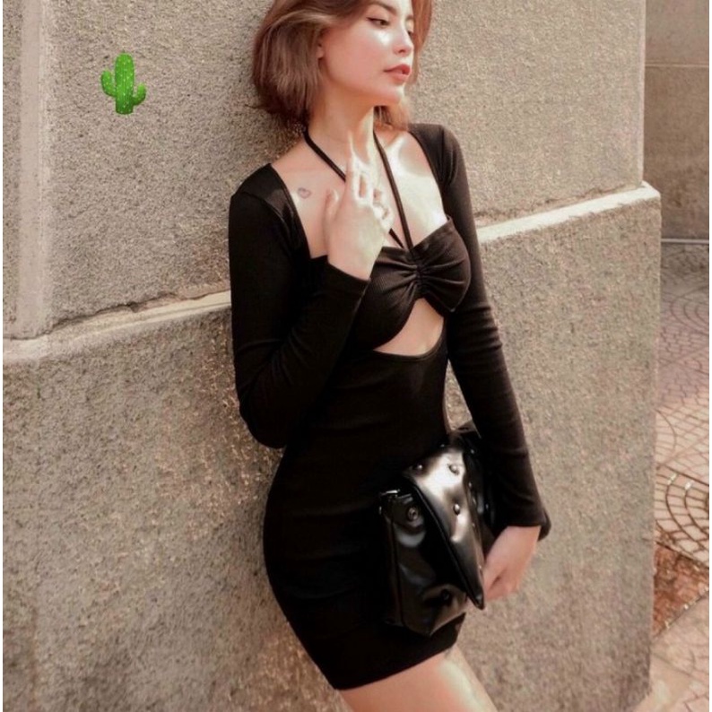 Đầm body mod ngực tay dài phối dây đeo cổ PC&amp;TV2