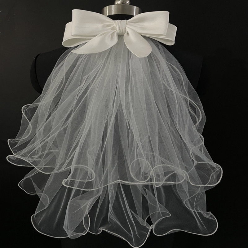 Mạng Che Mặt Cô Dâu Hai Lớp Màu Trắng Đính Nơ Kèm Lược