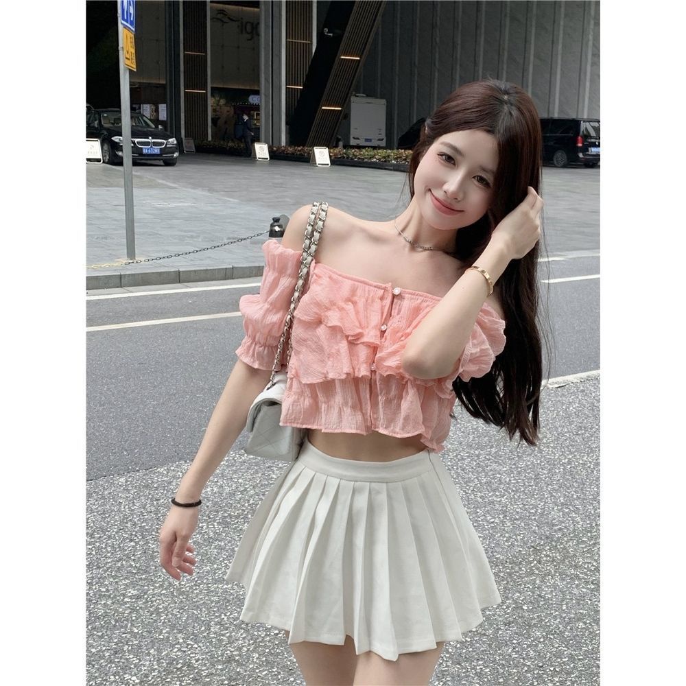 Áo kiểu COZOKC vải chiffon tay ngắn phồng trễ vai phối bèo nhún thời trang dành cho nữ