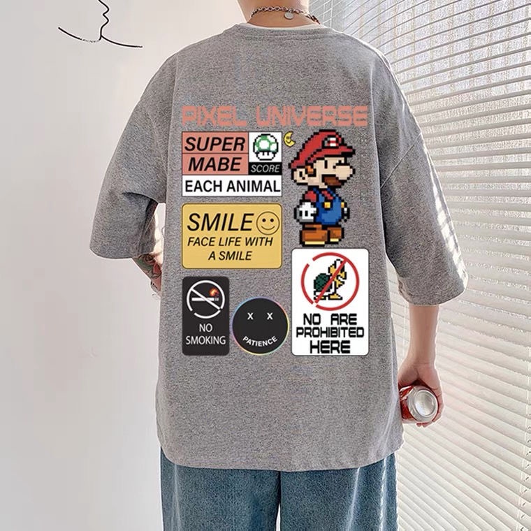Áo thun Puruilong ngắn tay cổ tròn dáng rộng in hình hoạt hình Super Mario cho nam