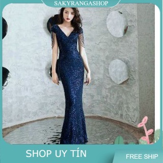 ĐẦM DẠ HỘI KIM SA CỔ V TAY ĐÁ CAO CẤP- HÀNG NHẬP