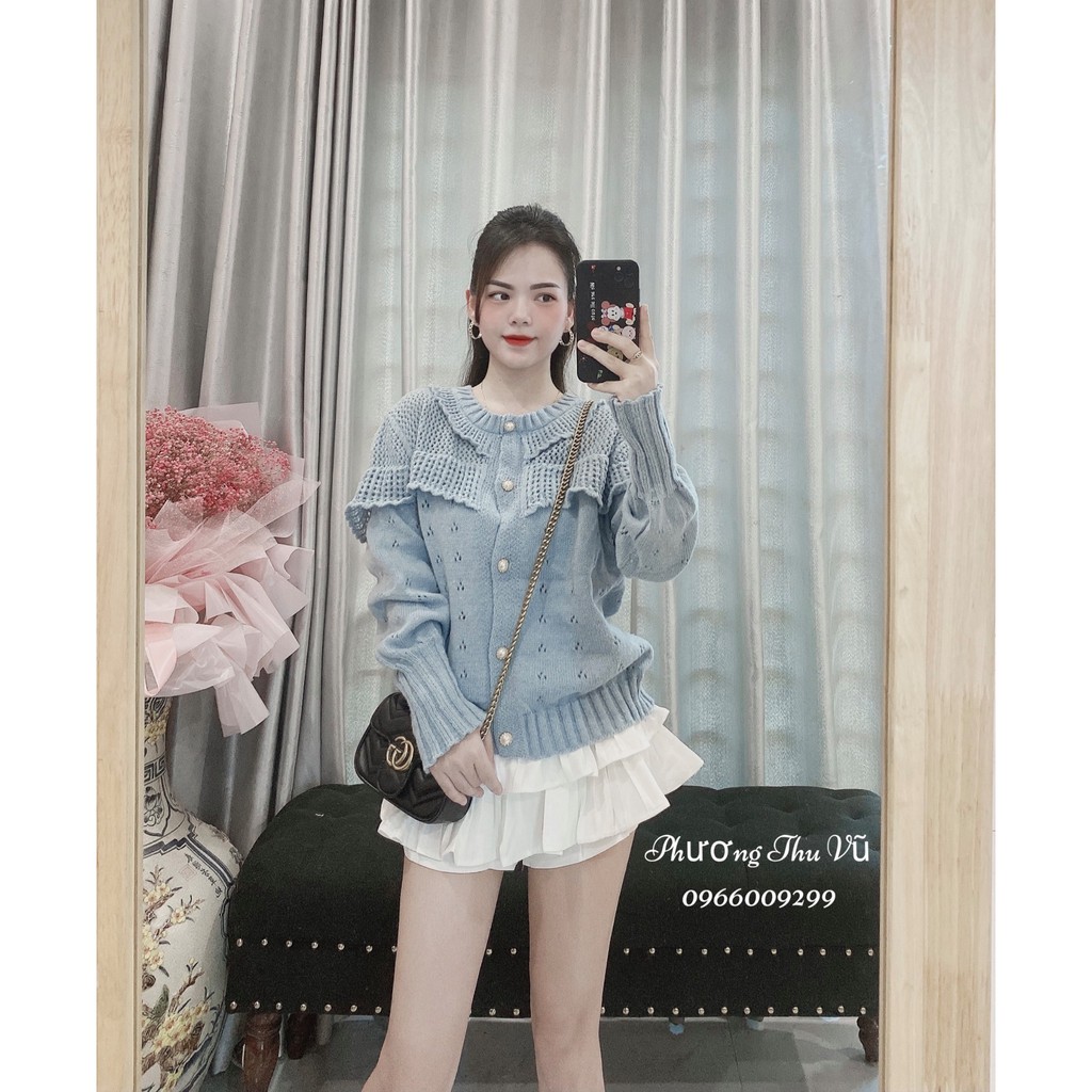 Áo Len Kiểu Khuy Ngọc 2 màu xanh / be sang chảnh | BigBuy360 - bigbuy360.vn