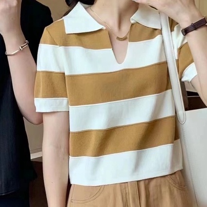 Áo thun polo ZHELIHANGFEI dệt kim tay ngắn kẻ sọc dễ phối đồ sành điệu