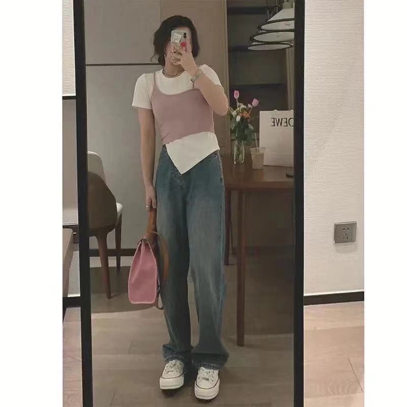 Quần jean COZOK lưng cao ống rộng phong cách Hàn Quốc cổ điển
