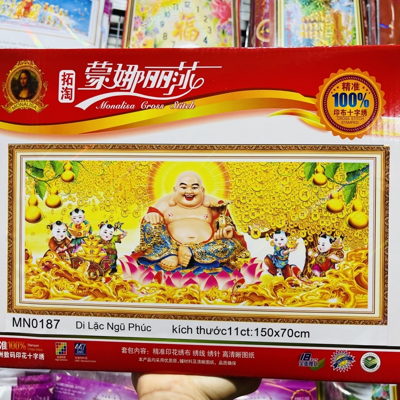 Tranh Thêu Kín,Tranh Đính Đá Phật Di Lạc-Di Lạc Ngũ Phúc Chưa Đính YD3007,YD3006,Chưa Thêu MN0187(150*70