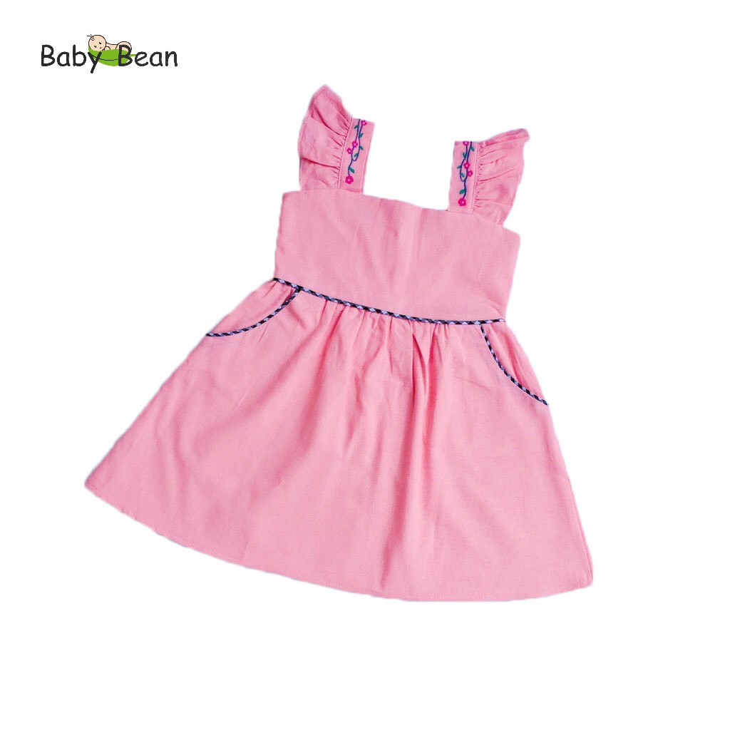 Đầm Cotton Cổ Vuông Vai Thêu Hoa Bé Gái BabyBean