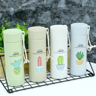 Bình đựng nước lõi thủy tinh họa tiết xương rồng dễ thương dung tích 450ml