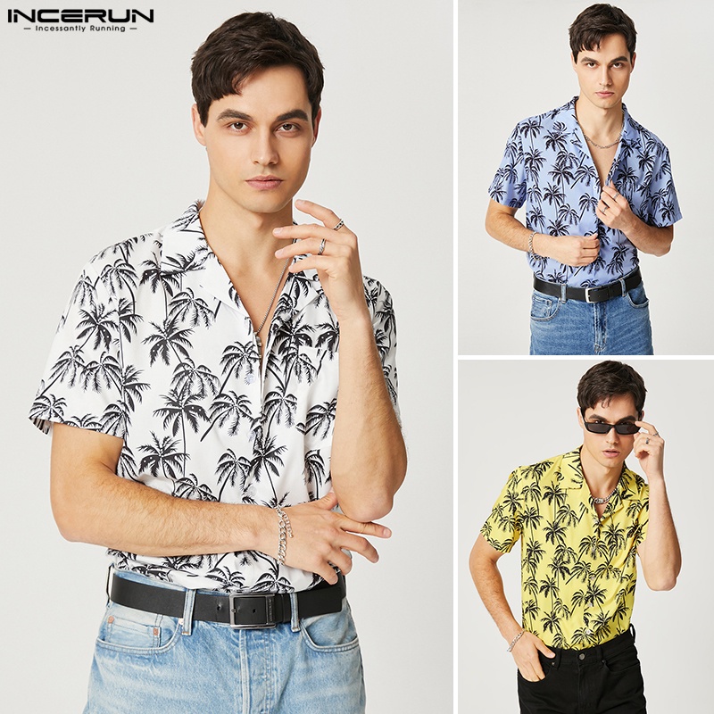 INCERUN Áo Sơ Mi Nam Ngắn Tay Cài Khuy In Hình 3 Lỗ Coplors Thời Trang Đi Biển