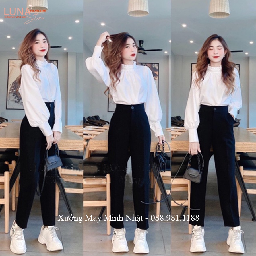 Quần vải nữ công sở dáng baggy cạp cao có đai khóa trước - Quần tây nữ lưng cao đi học ống đứng dài chất tuyết mưa mềm