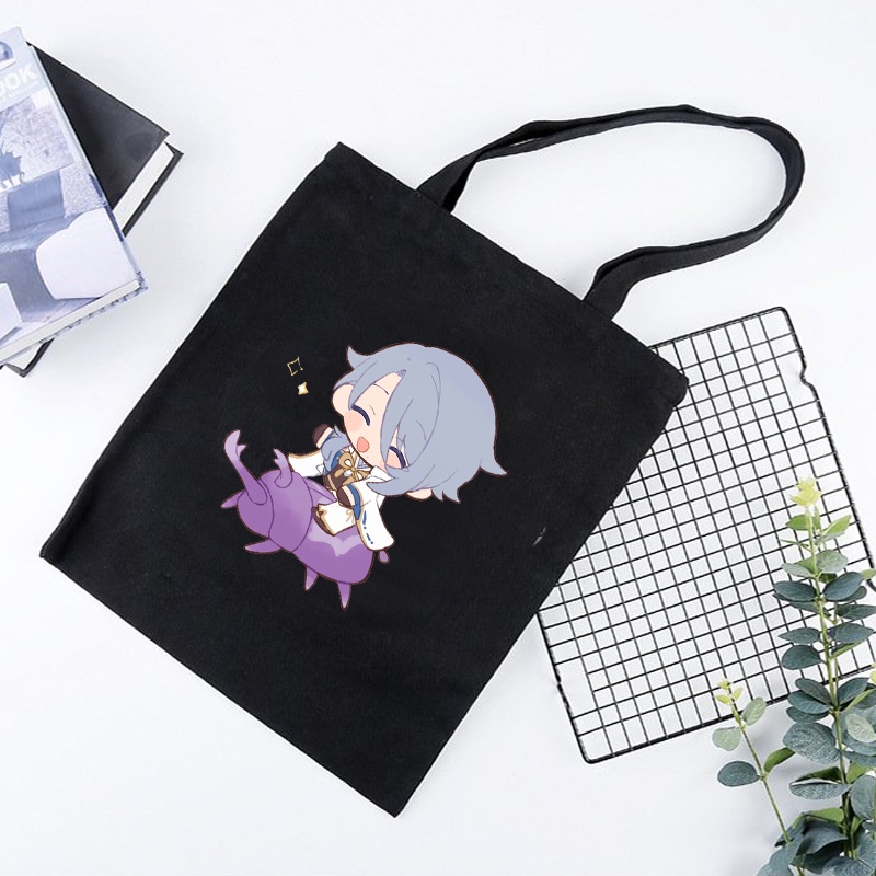 Túi tote vải đen trắng in hình AYATO KAMISATO game GENSHIN IMPACT anime chibi tiện lợi anime chibi thời trang đeo vai