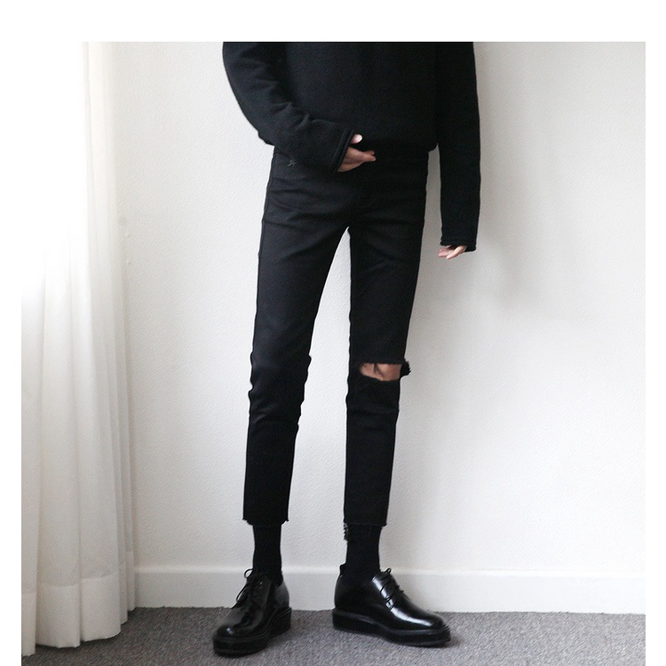 quần jean baggy nam rách gối cắt gấu màu đen