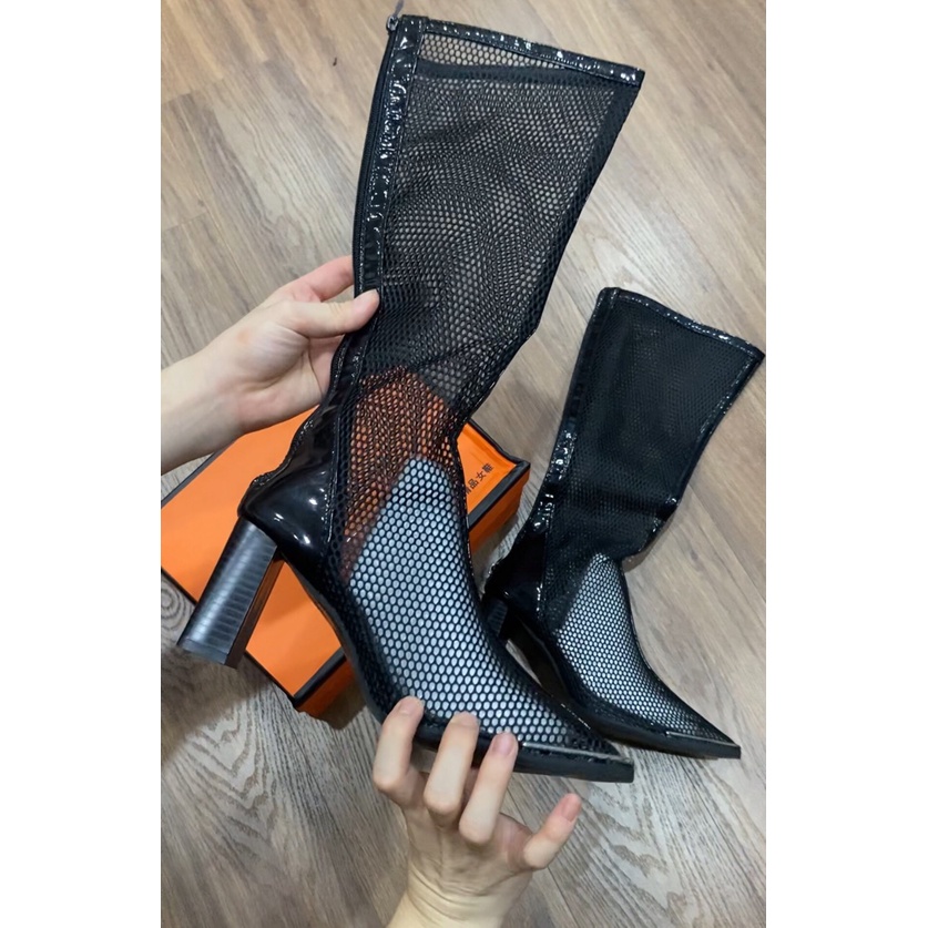 Boot đùi lưới gót vuông vân gỗ mũi săt cao 7 phân cao cấp chất đẹp