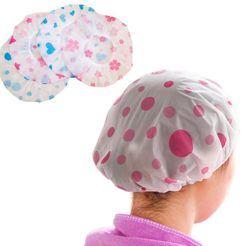 [Hàng mới về] Mũ trùm đầu khi tắm co giãn chống nước họa tiết chấm bi dễ thương