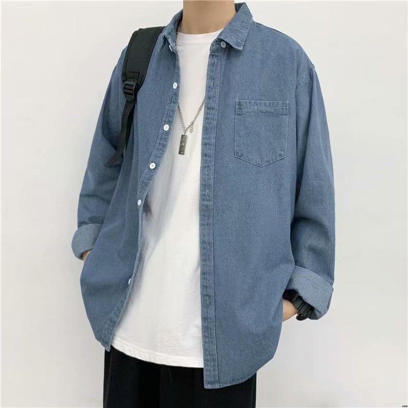 Áo Sơ Mi Denim Mỏng Tay Dài Dáng Rộng Phong Cách Đường Phố Hàn Quốc Đơn Giản Dễ Phối Đồ Cho Nam