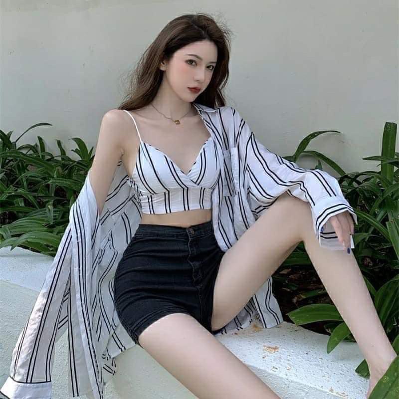 Sét áo sơ mi kẻ kèm áo 2 dây ❤️áo sơ mi nữ❤️ áo sơ mi unisex, áo nữ dài tay ulzzang