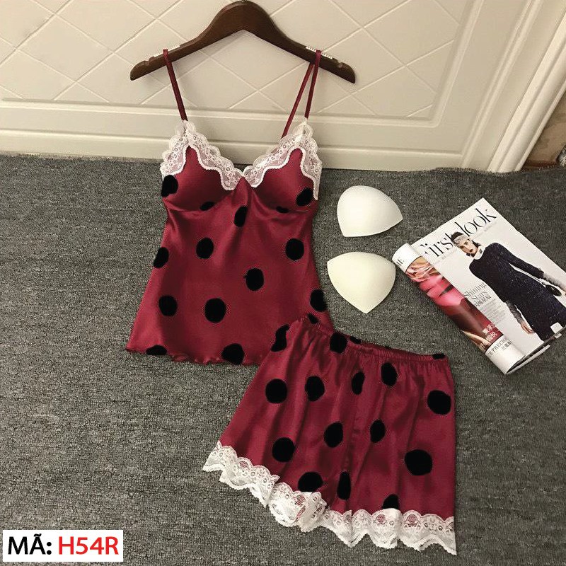 HISEXY Đồ Bộ Ngủ Chấm Bi Có Mút Ngực Quần Cộc Lụa Satin Có Mút Ngực MS38 | BigBuy360 - bigbuy360.vn