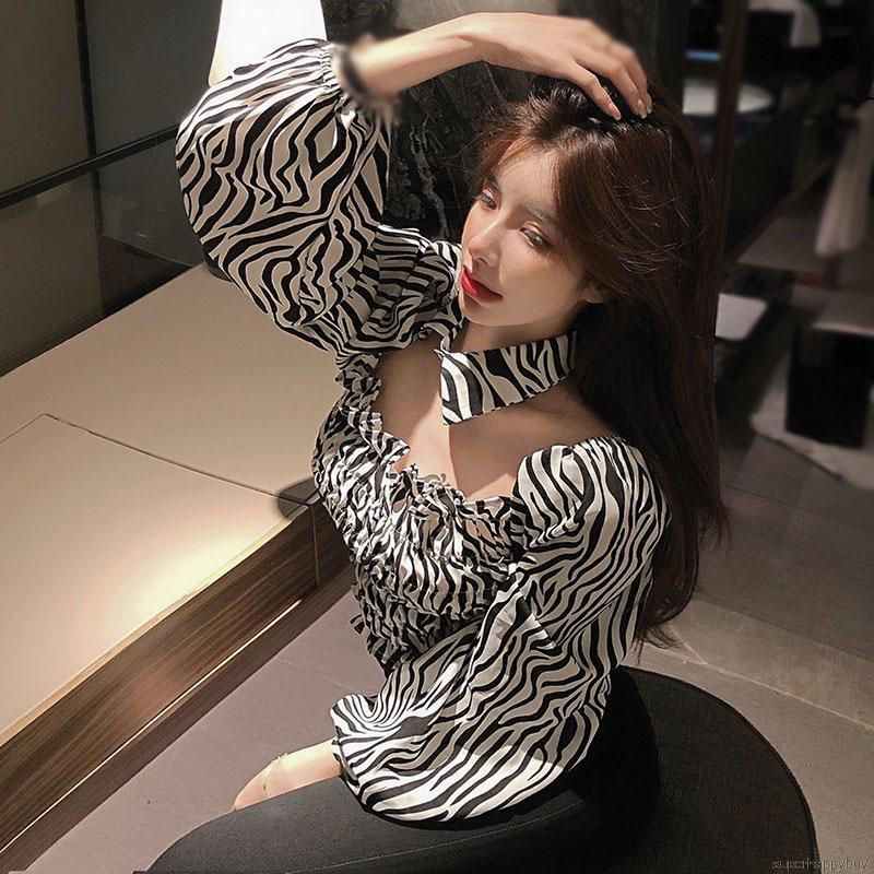 Áo Croptop Tay Phồng In Họa Tiết Ngựa Vằn Kiểu Hàn Quốc Xinh Xắn Cho Nữ