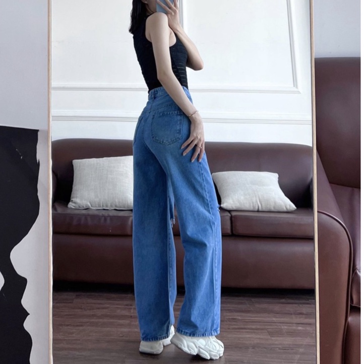 Quần jean dài ống rộng rách gối màu đen-xanh lưng cao, phom Ulzzang