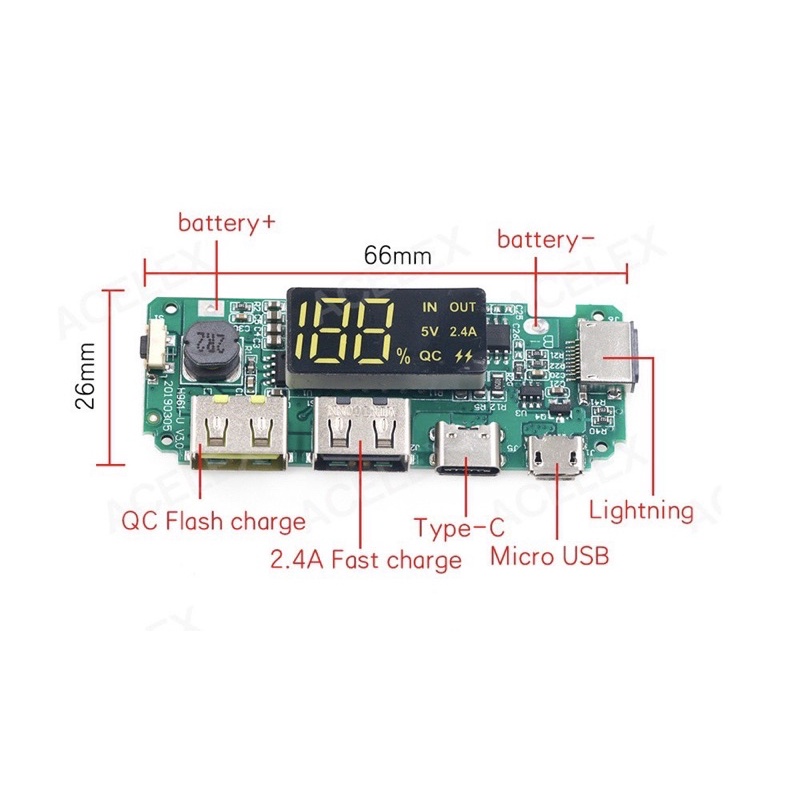 Mạch sạc dự phòng 2 cổng USB, Iphone, Micro USB và Type-C 5V 2.4A tích hợp sạc nhanh và led hiển thị thông số
