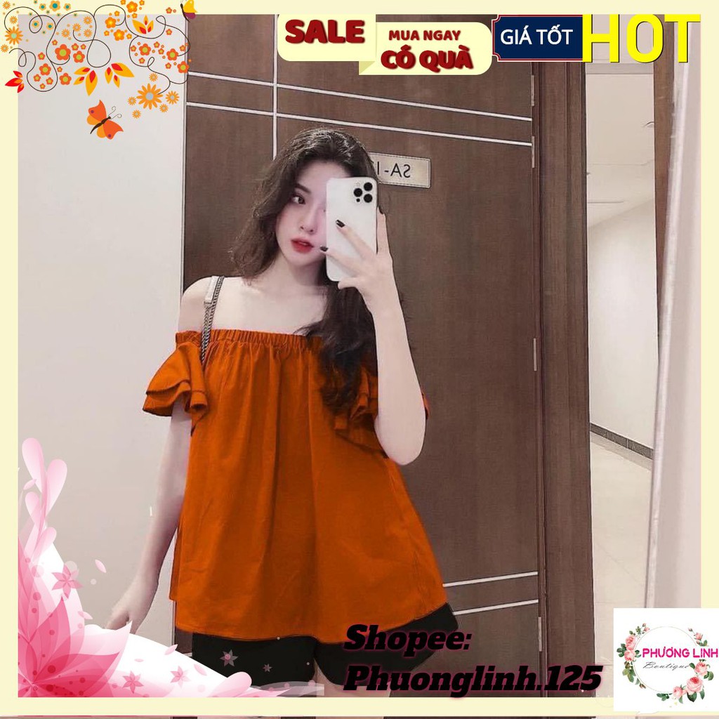 SET BỘ TRỄ VAI MÀU CAM+ QUẦN SOOC ĐEN CHO NỮ | BigBuy360 - bigbuy360.vn