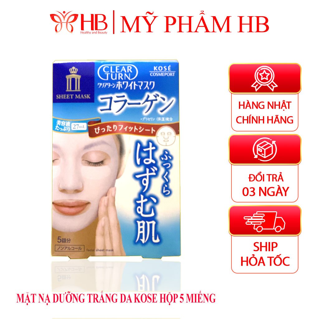 Mặt nạ dưỡng trắng da Kose, mặt nạ Kose Clear Turn White Mask Collagen trắng sáng da (5 miếng, mẫu mới)