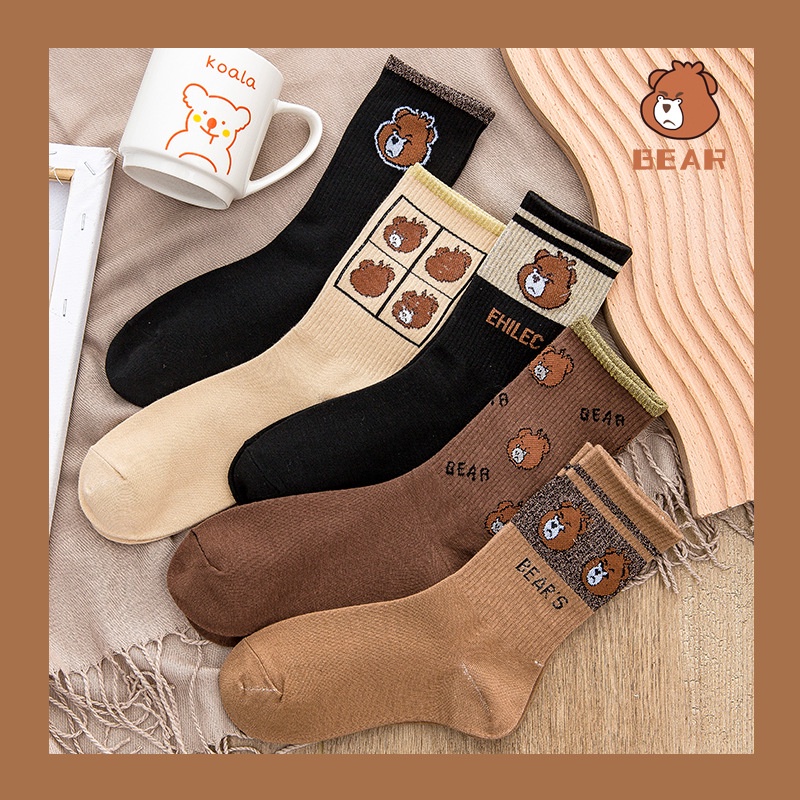 Vớ tất cổ cao nâu đen hình mặt gấu Bear phong cách boho