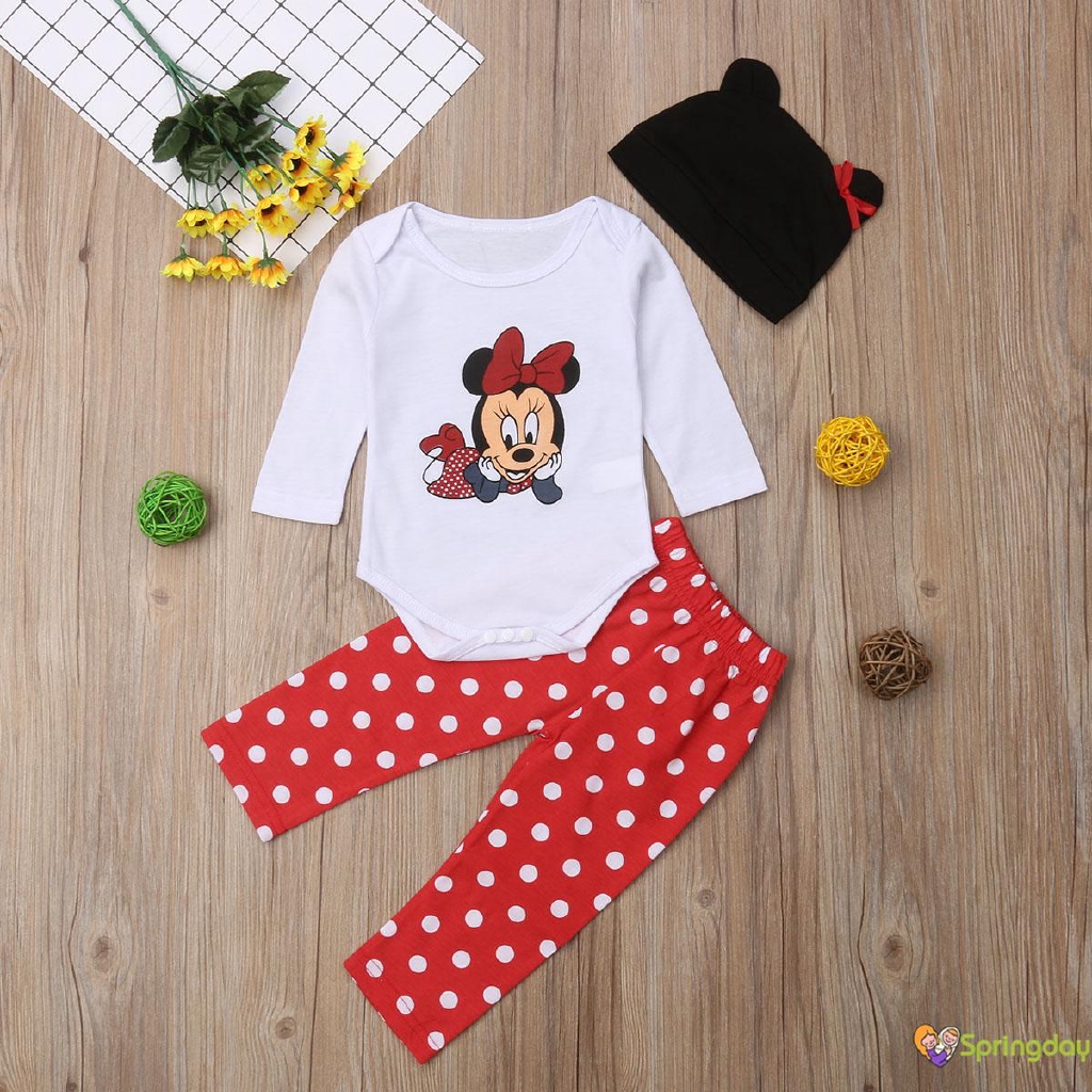 Bộ 3 Cái Gồm Áo Thun Hình Chuột Mickey+Quần Dài+Nón Cho Bé Sơ Sinh, Bé Gái