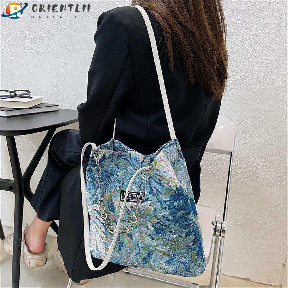 ORIENTLII Phụ nữ Túi vải Tote Dung tích lớn In tranh sơn dầu Túi đeo vai Túi xách thông thường