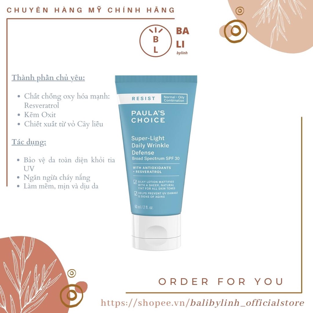 Kem chống nắng dưỡng da SPF 30 Paula's Choice Resist Super-Light Wrinkle Defense SPF 30 60ml