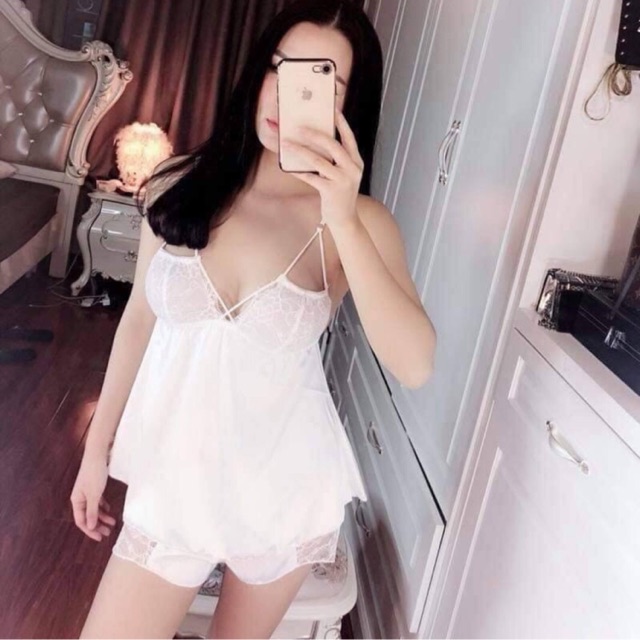 Bộ ngủ đùi dây tam giác ngực lụa _ Set ngủ Lụa tơ Tằm Gợi cảm