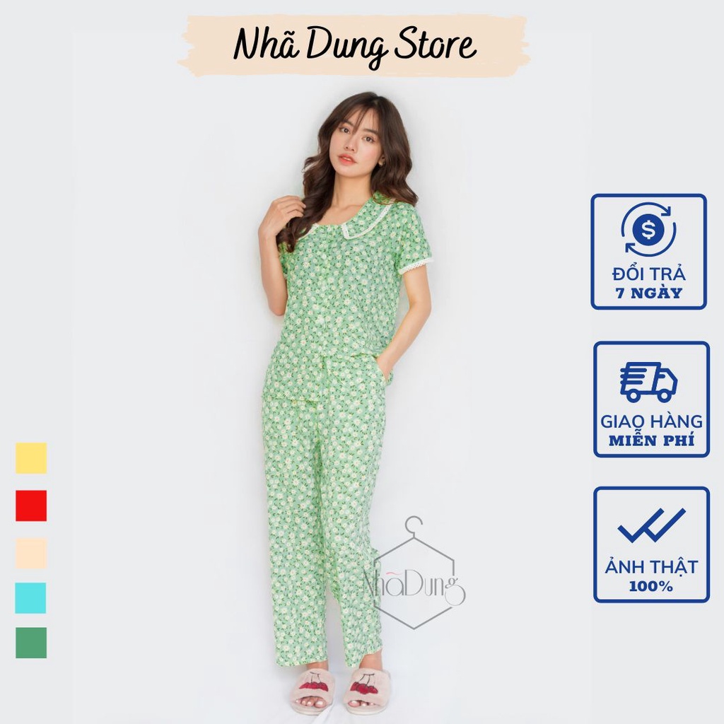 Đồ bộ nữ mặc nhà quần dài lụa cao cấp cổ sen họa tiết hoa nhí dễ thương Nhã Dung Store siêu mát 40kg đến 65kg