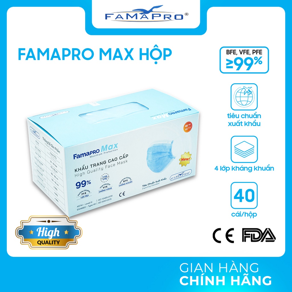 [FAMAPRO MAX HÀNG XUẤT KHẨU- 40 HỘP] Khẩu trang y tế kháng khuẩn 3 lớp Famapro max ( 40 cái /hộp )