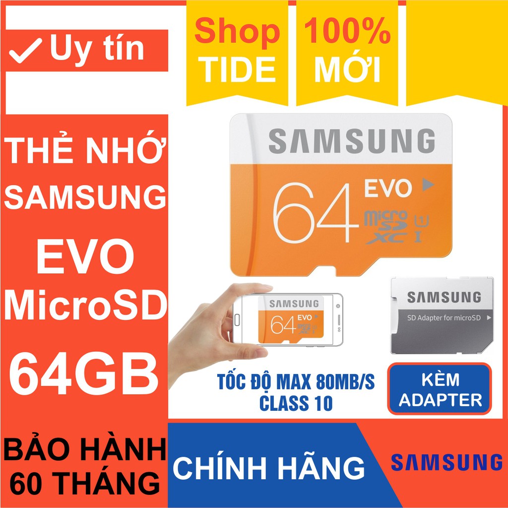 Thẻ nhớ Samsung 64GB – CHÍNH HÃNG – MicroSD Samsung Class10 - Bảo hành 5 năm – Kèm Adapter