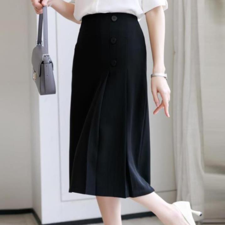 Chân Váy Công Sở Nữ, Chân Váy Midi Lưng Cao Xếp Ly Phối Cúc Che Hông Siêu Tôn Dáng, Màu Cơ Bản Dễ Phối Đồ. | BigBuy360 - bigbuy360.vn