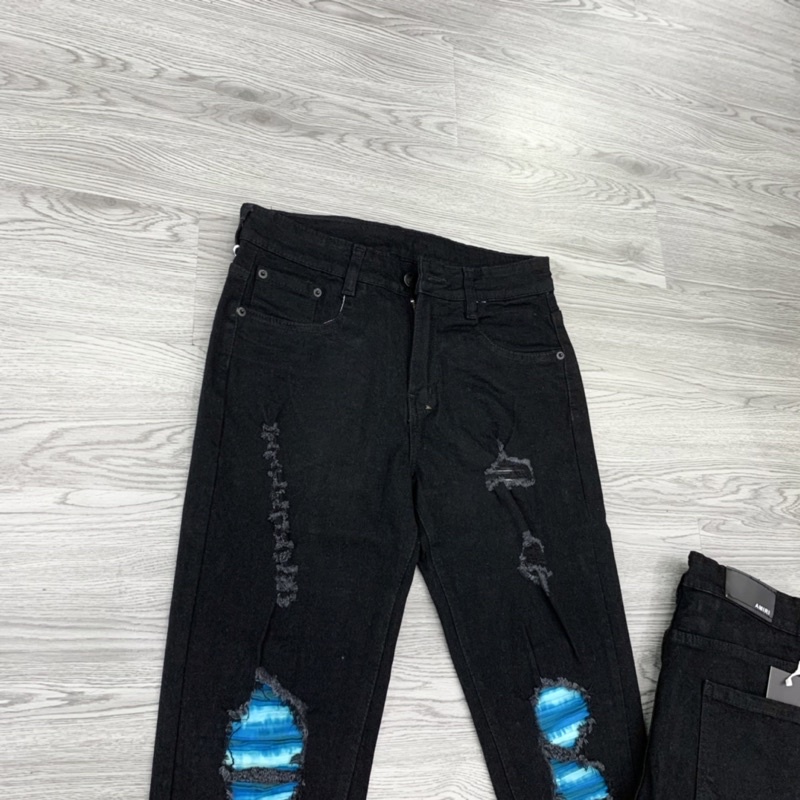 Quần jean bò nam đen phối rách xước gối lót vải nhăn xanh kẻ loang dáng slimfit vải dày dặn đẹp QJ45P
