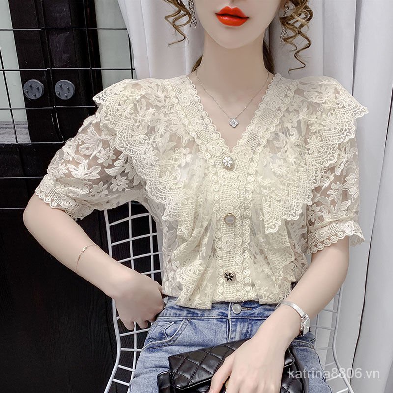 Áo Sơ Mi Tay Ngắn Dáng Rộng Phối Ren Thiết Kế Mới Thời Trang Mùa Hè Dành Cho Nữ