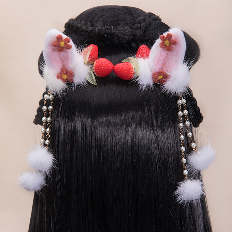Kẹp Tóc Tua Rua Hình Tai Thỏ / Dâu Tây Đáng Yêu Dành Cho Nữ